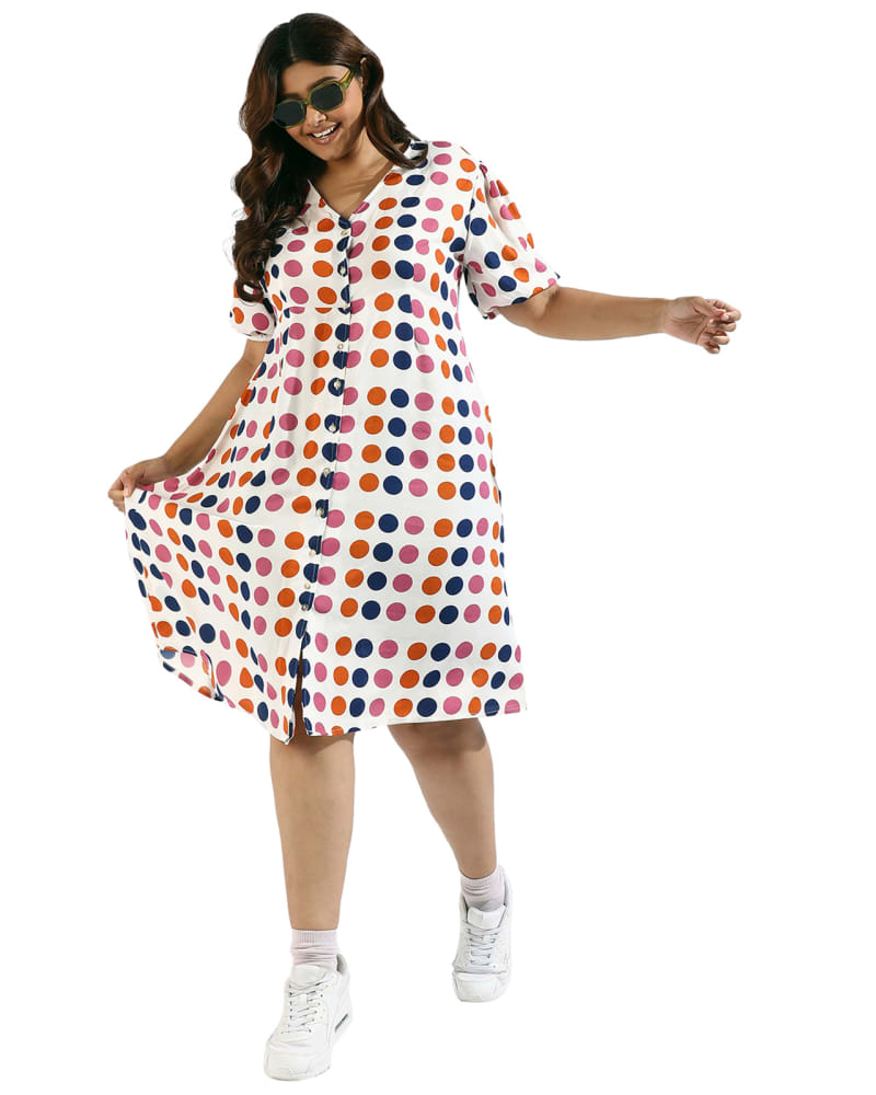 Front of a model wearing a size 5XL Women Polka Dot Button Down Dresses in White by Instafab Plus. | dia_product_style_image_id:293796